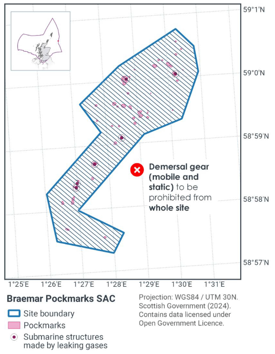 This map shows the Braemar Pockmarks&nbsp;SAC&nbsp;off the northeast coast of Scotland. The protected area is outlined and shaded to indicate the site boundary. Fishing with demersal gear, both mobile and static types, is prohibited throughout the entire site.
