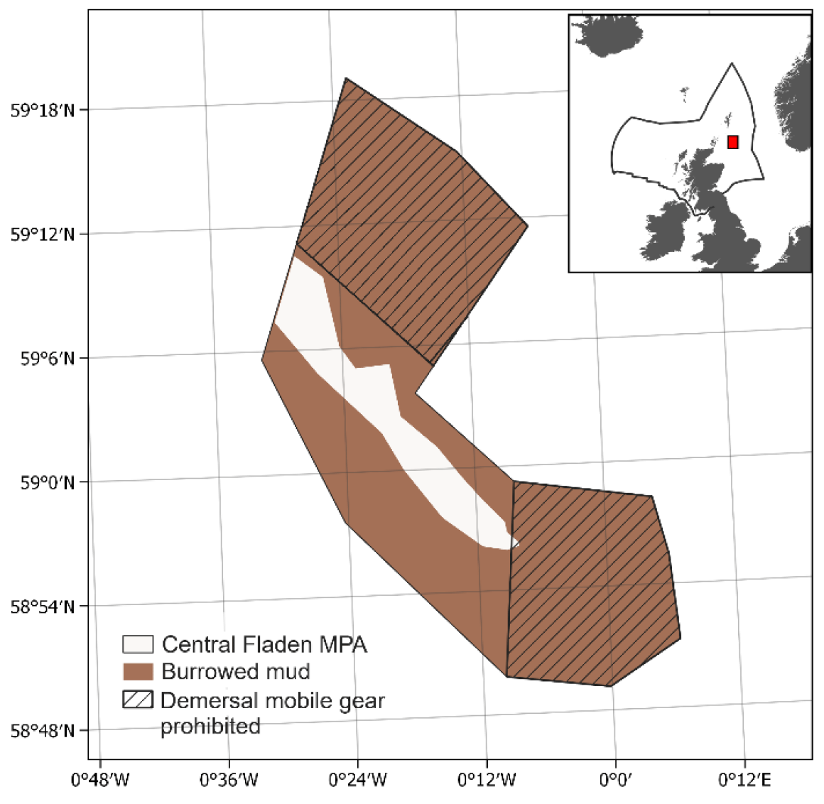 This map shows the Central Fladen&nbsp;>MPA. It shows burrowed mud areas in brown. Parts of the site where mobile demersal fishing gear is banned are marked with diagonal lines. A small inset shows the location northeast of Scotland.