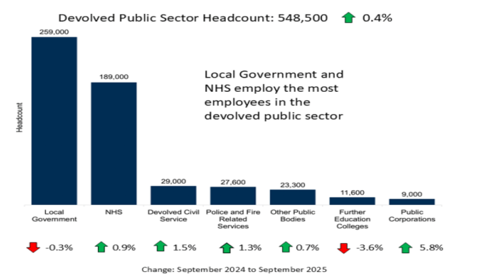 A bar chart of the number of people employed within the devolved public sector, broken down by sectors.