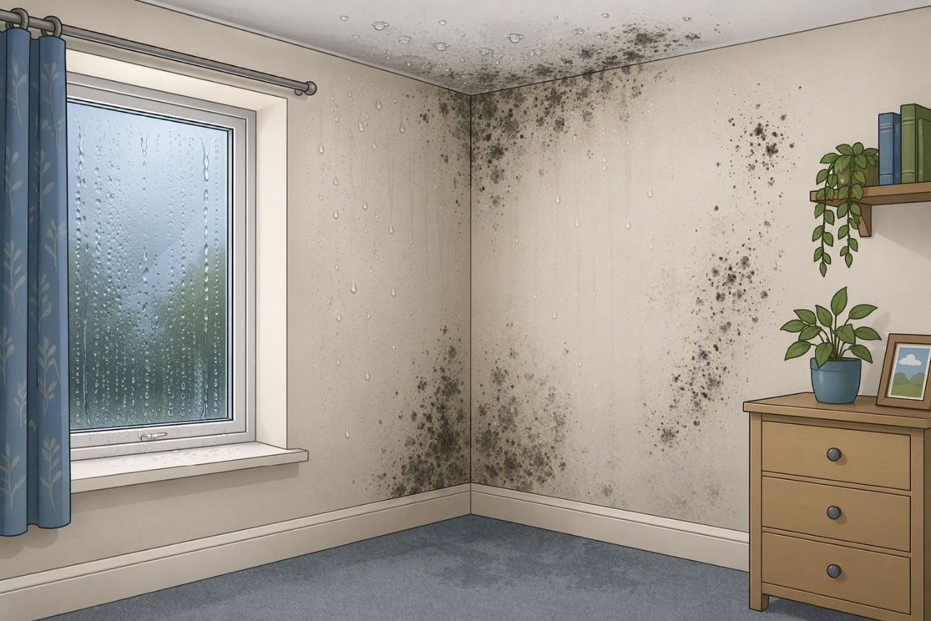 Cartoon graphic showing potential indicators of condensation and mould in a domestic setting.