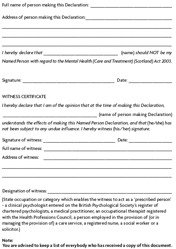FORM - DECLARATION WITH REGARD TO NAMED PERSON