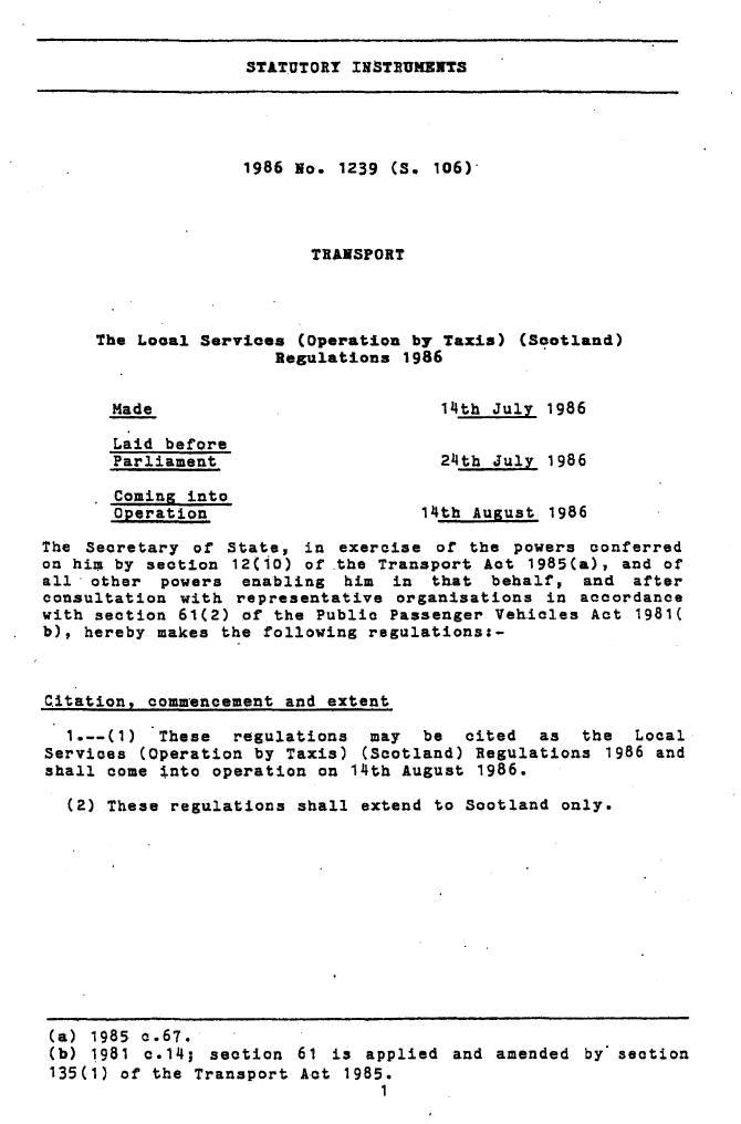 The Local Services (Operation by Taxis) (Scotland) Regulations 1986