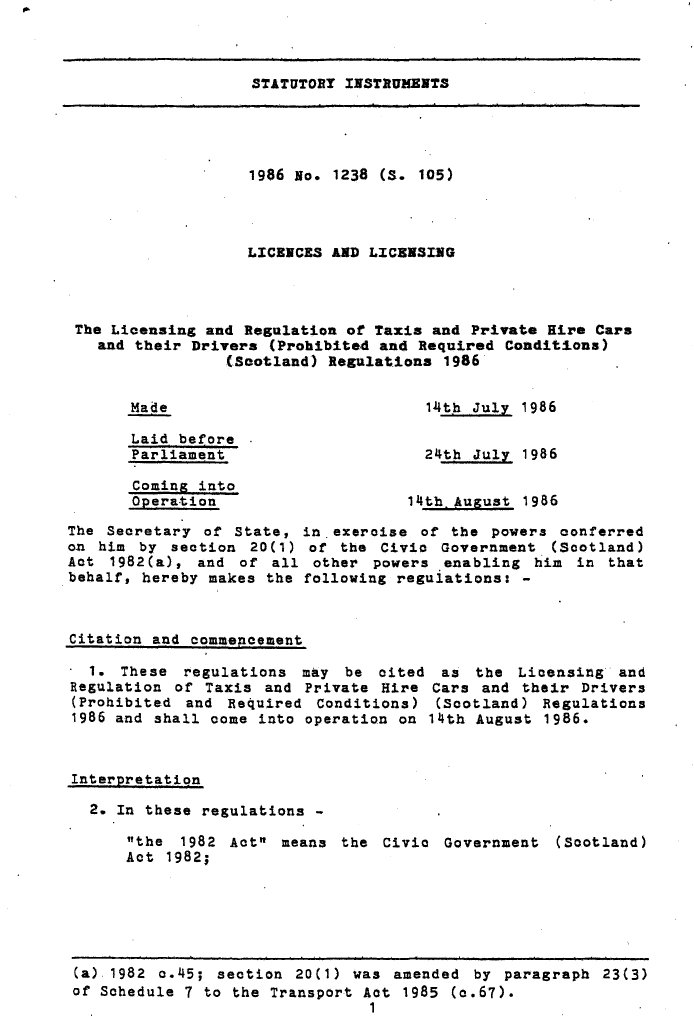 The Licensing and Regulation of Taxis and Provate Hire Cars and their Drivers (Prohibited and Required Conditions) (Scotland) Regulations 1986