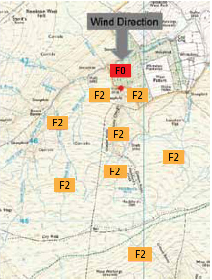 In all illustrations showing fire alignments use the following key; F0 Light Yellow F1 Yellow F2 Orange F3 Red (This gives an indication of risk < Fig. B6.11 Showing the alignments that will be in as it moves across the landscape