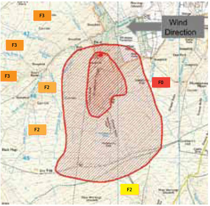 Fig. B6.13 The potential fire spread after 13.00 hrs, note how the wind has influenced significant changes to alignment values and direction of fire travel