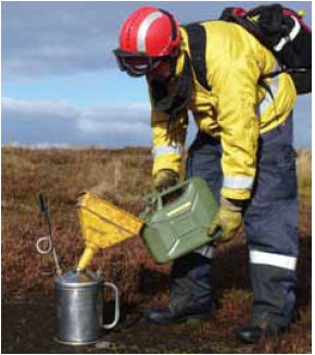 Photo B10.9 Correct re-filling of a drip torch – full PPE, away from ignition sources and preventing spillages