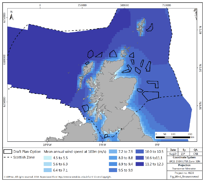 Figure 5 Offshore wind mean annual wind speed in Scottish seas