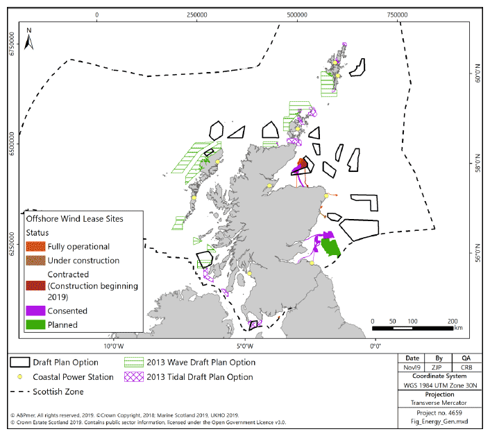 Figure 9 Current, planned and potential future offshore energy generation around Scottish coasts