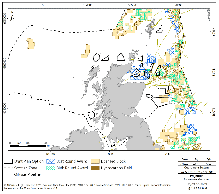 Figure 13 Oil and Gas infrastructure and recent licence awards in Scottish waters