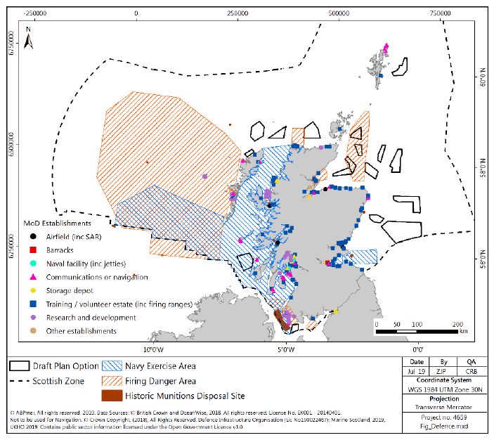 Figure 15 Defence infrastructure sites and exercise areas in Scottish seas