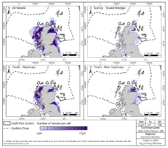 Figure 20 Number of vessels for under-15m vessels all gears and mobile demersal gears, from ScotMap