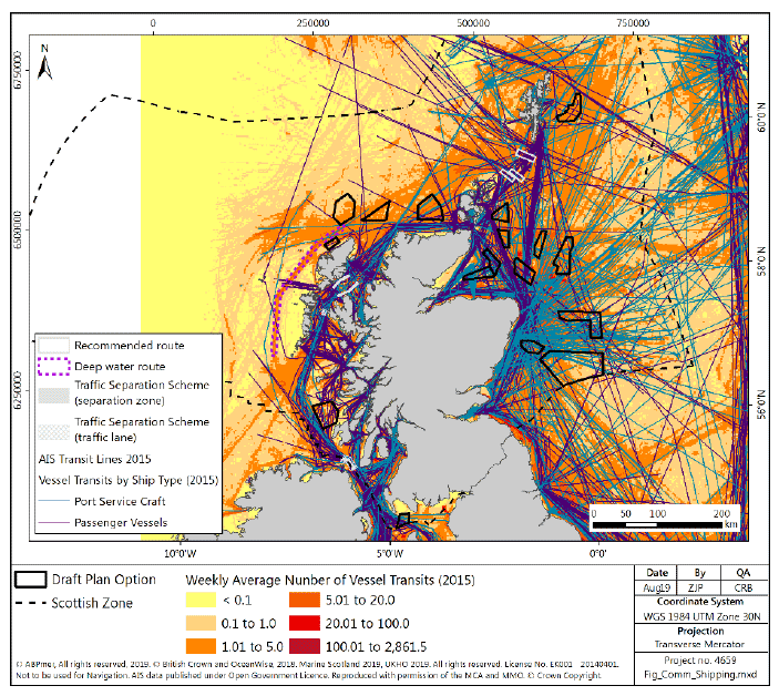 Figure 26 AIS shipping density and key routes in Scottish waters