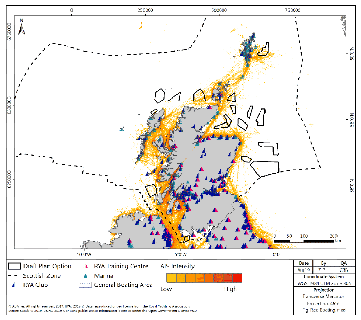 Figure 29 Recreational boating facilities and recreational boating density (from 2015 AIS data)