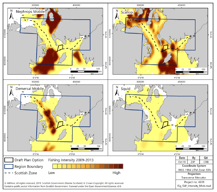 Figure 64 Fishing intensity for over-15m vessels in the South West region using demersal mobile gear (2009-2013)
