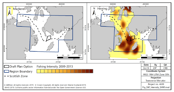 Figure 65 Fishing intensity for over-15m vessels in the South West region targeting pelagic species (2009-2013)