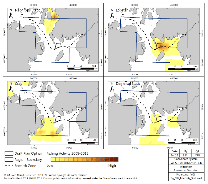 Figure 66 Fishing intensity for over-15m vessels in the South West region using static gear (2009-2013)