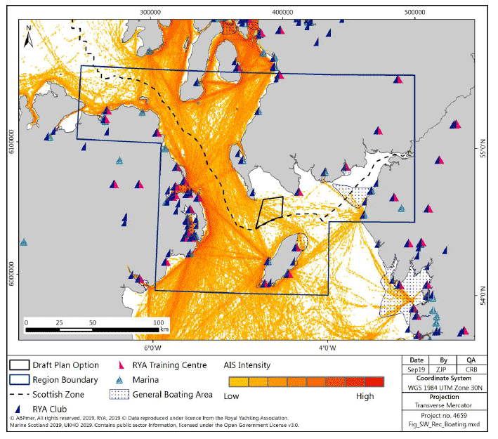 Figure 76 South West region: recreational boating facilities and recreational boating density (from 2015 AIS data)