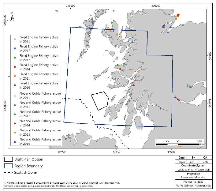 Figure 112 Salmon and sea trout net fisheries reporting catches in 2011-2016 in the West region