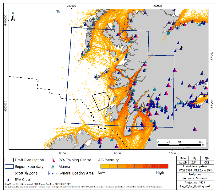 Figure 118 West region: recreational boating facilities and recreational boating density (from 2015 AIS data)