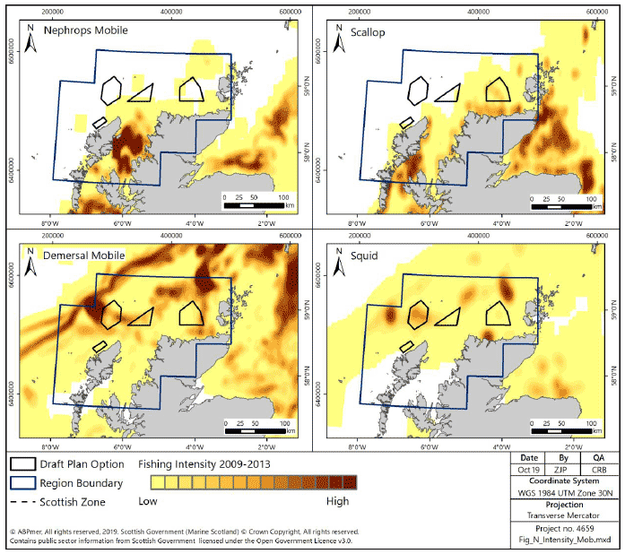 Figure 150 Fishing intensity for over-15m vessels in the North region using demersal mobile gear (2009-2013)