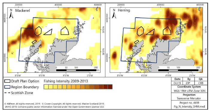 Figure 151 Fishing intensity for over-15m vessels in the North region targeting pelagic species (2009-2013)
