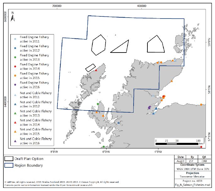 Figure 156 Salmon and sea trout net fisheries reporting catches in 2011-2016 in the North region