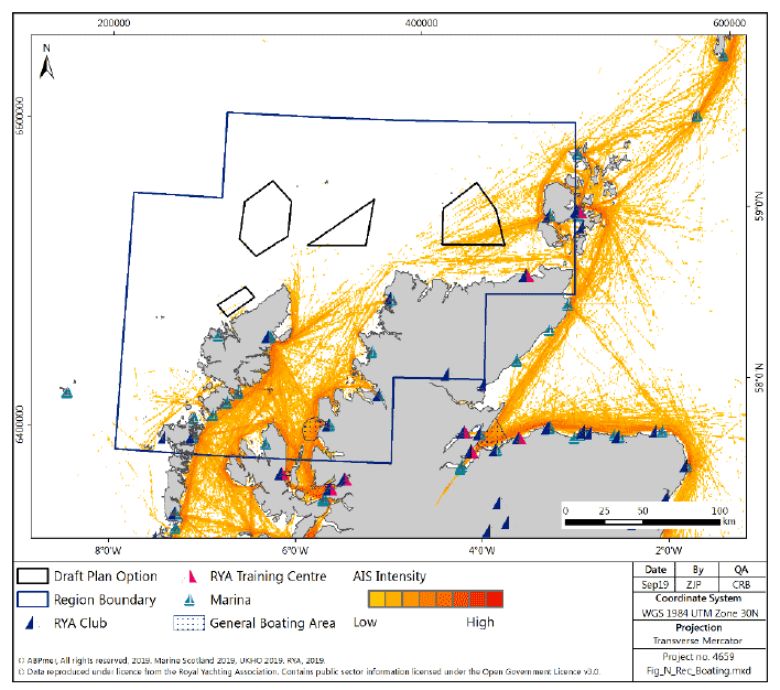 Figure 162 North region: recreational boating facilities and recreational boating density (from 2015 AIS data)