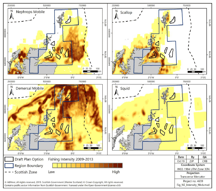 Figure 195 Fishing intensity for over-15m vessels in the North East region using demersal mobile gear (2009-2013)