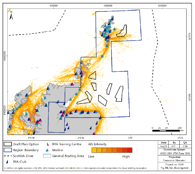 Figure 207 North East region: recreational boating facilities and recreational boating density (from 2015 AIS data)