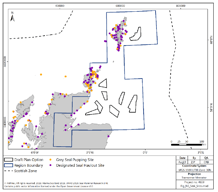 Figure 222 North East region: seal haulout sites and grey seal pupping sites