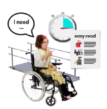 person in wheelchair with timer and easy read guide