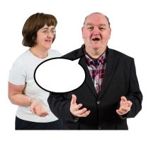 Two people talking, with their hands outstretched, with a speech bubble coming from the mouth of the person on right hand side