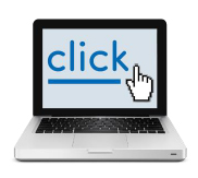 Open laptop with click written on the screen and cursor 