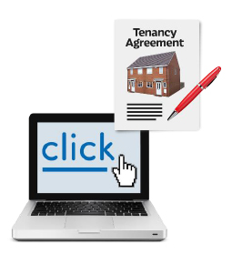 Open laptop with click written on the screen and cursor, and a tenancy agreement document with pen in the top right hand corner
