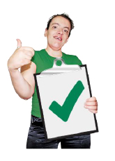 Person, with thumb pointing up, holding a sign with a tick