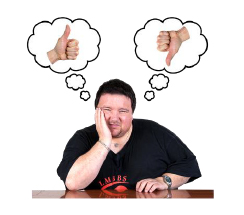 Person sitting at desk with one elbow on top of the desk and hand resting on his face, with two thought bubbles above his head – one with thumbs up and one with thumbs down