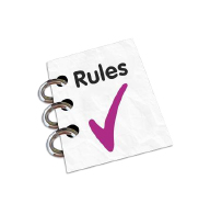 Notebook with rules written on it and a tick underneath the word rules