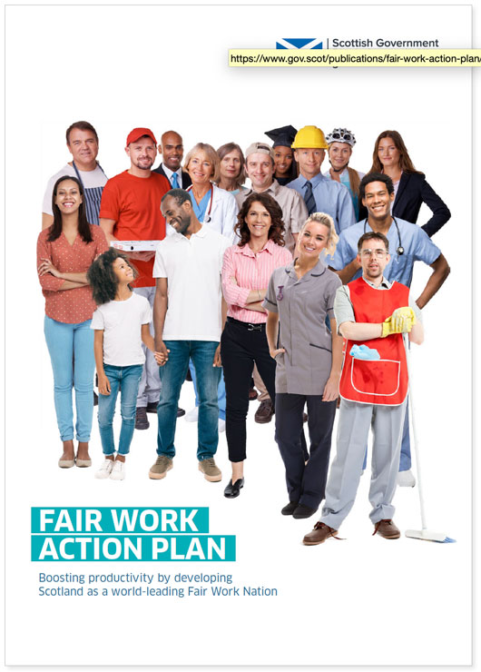 front page of the Fair Work Action Plan-featuring a diverse group of people in all different uniforms and styles of clothes