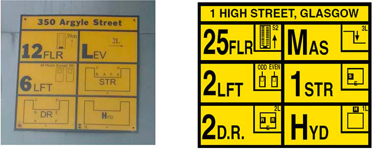 Examples of high rise buildings external information plates