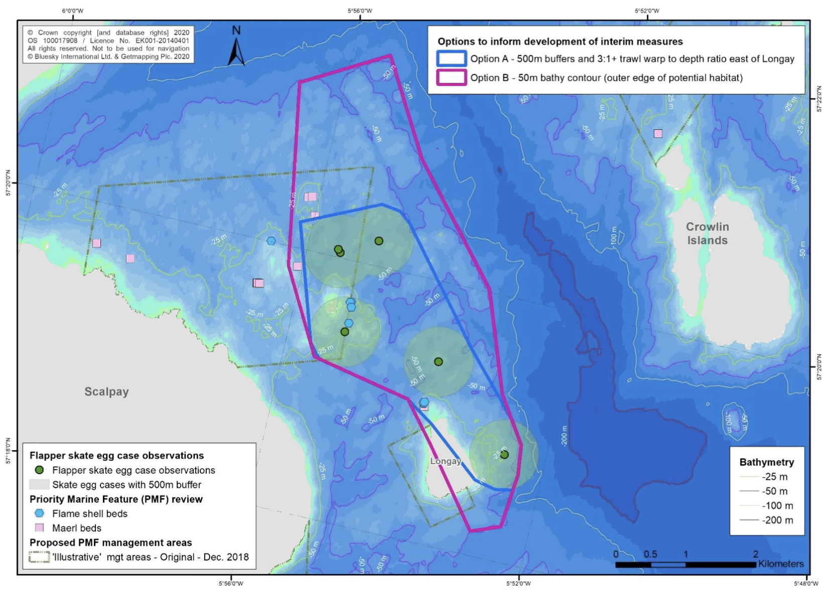 A map shows proposed Priority Marine Feature management areas near to the flapper skate egg records.