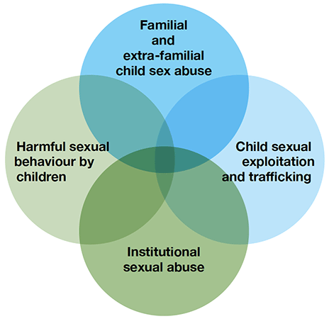 This figure is a Venn diagram showing the intersecting forms of sexual abuse. These forms are: familial and extra-familial child sex abuse, child sexual exploitation and trafficking, institutional sexual abuse, and harmful sexual behavior by children.
