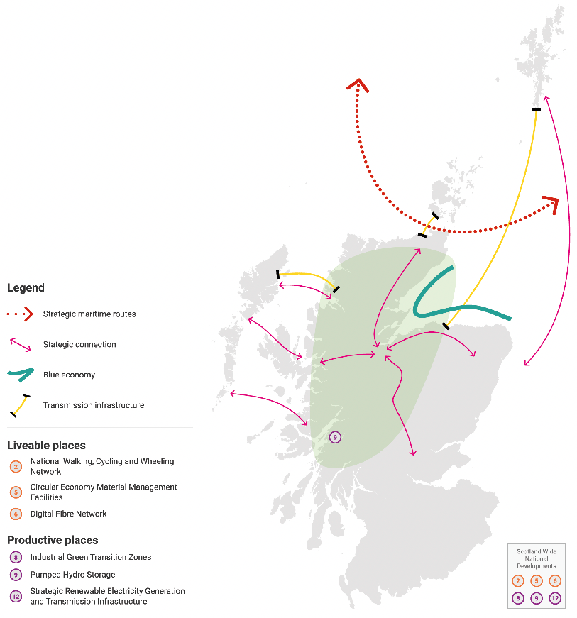 A map of Northern revitalisation, highlighting National Developments creating Liveable places and Productive places.