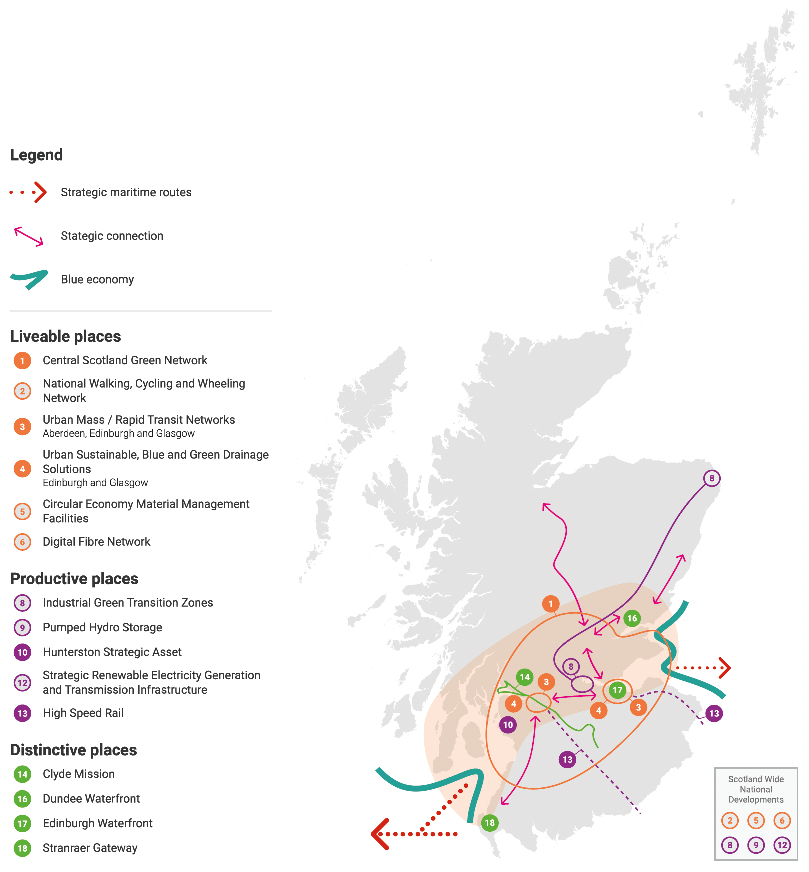 A map of Central urban transformation, highlighting National Developments creating Liveable places, Productive places and Distinctive places.