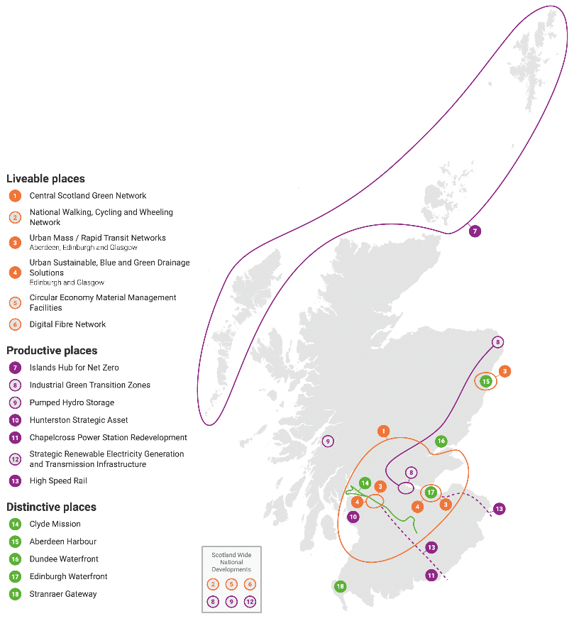 A map of the 18 National Developments, divided into Liveable places, Productive places and Distinctive places