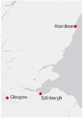 A map highlighting Aberdeen, Glasgow and Edinburgh.