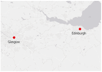 A map highlighting Glasgow and Edinburgh.