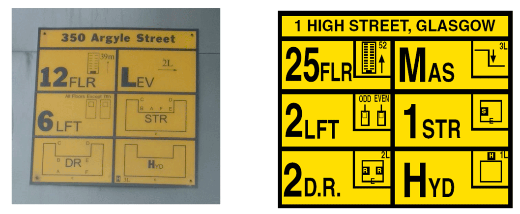 Shows two high rise external information plates for fire service use