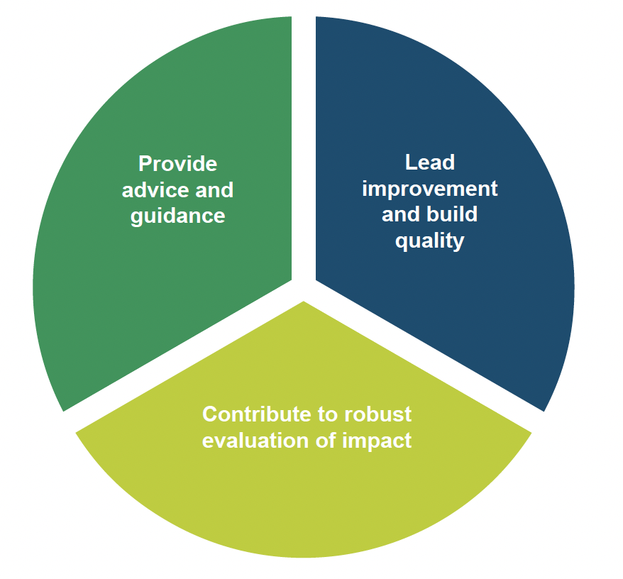 displays the 3 key functions of the Attainment Advisor role in a pie chart. There are 3 equal segments stating provide advice and guidance; lead improvement and build quality; and contribute to robust evaluation of impact