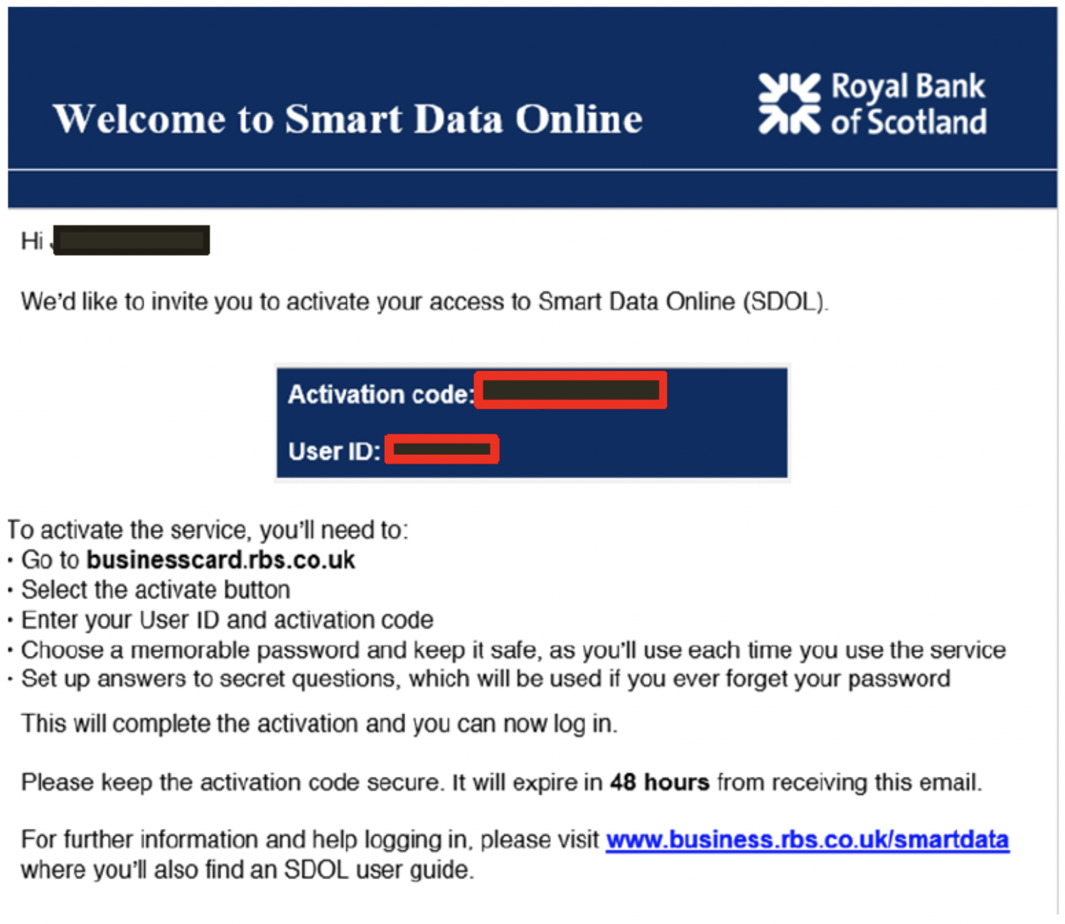 RBS Smart Data Online email activation code’