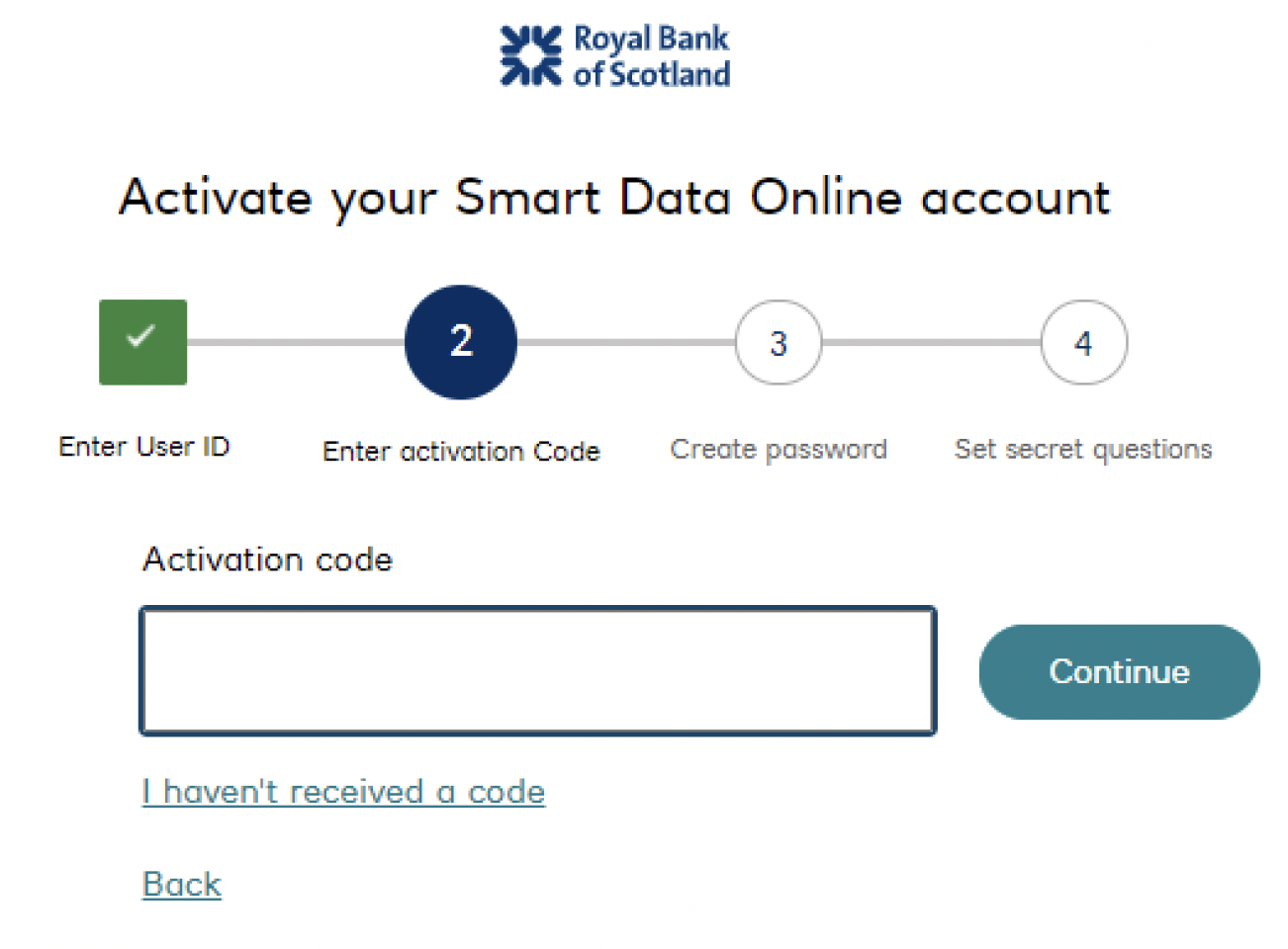 RBS Smart Data Online account activation screen’